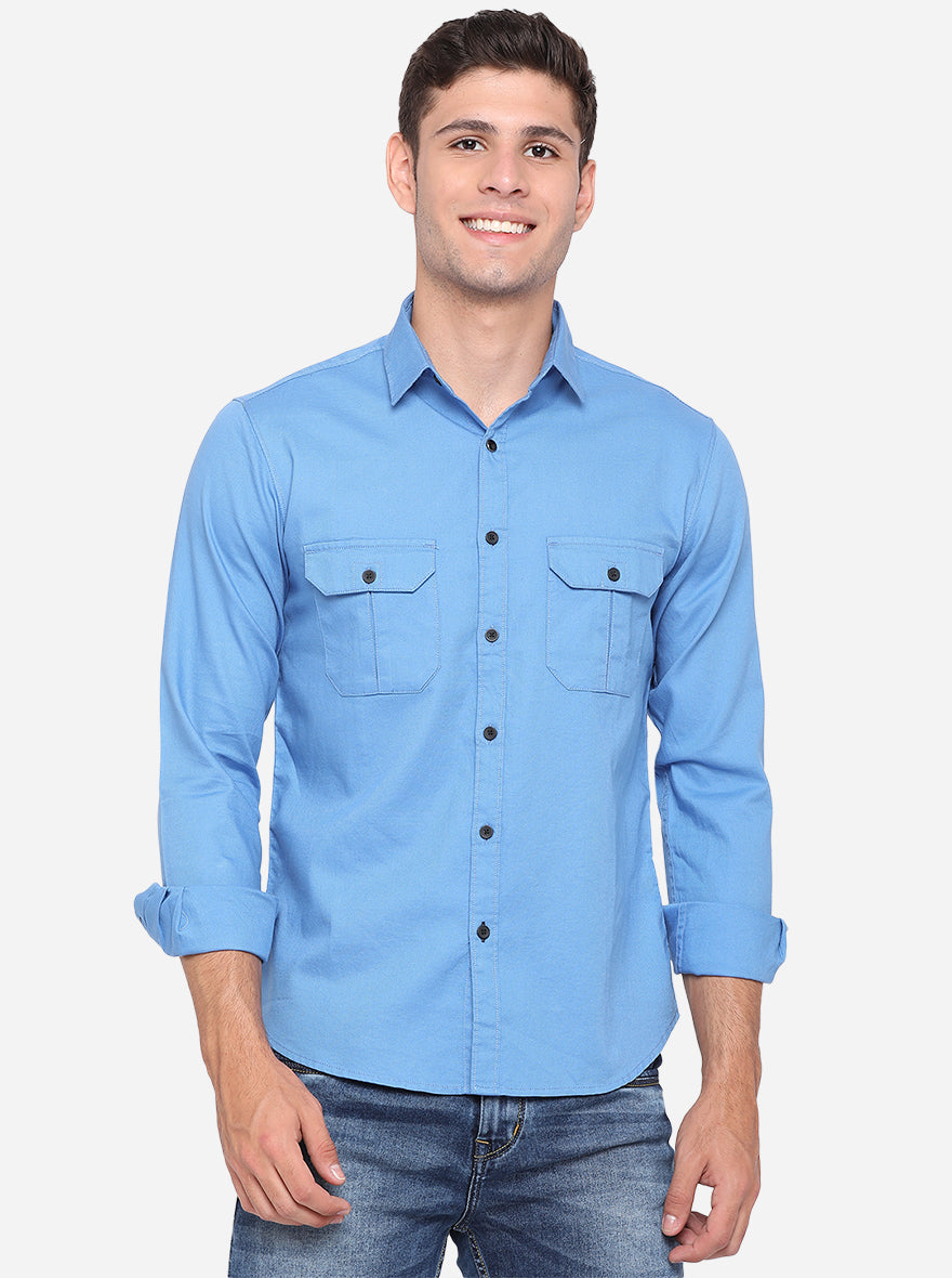 Campanula Blue Solid Slim Fit Semi Casual Shirt | Pehervi