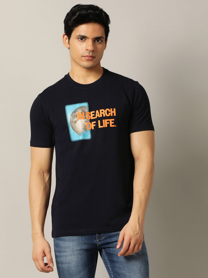 Navy Blue Printed Slim Fit T-Shirt | pehervi