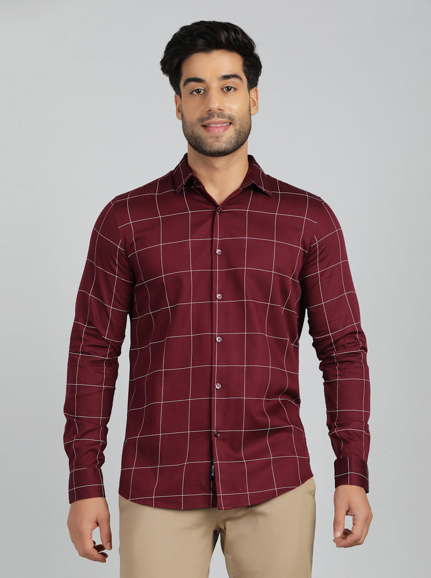 Maroon Checked Slim Fit Casual Shirt | pehervi