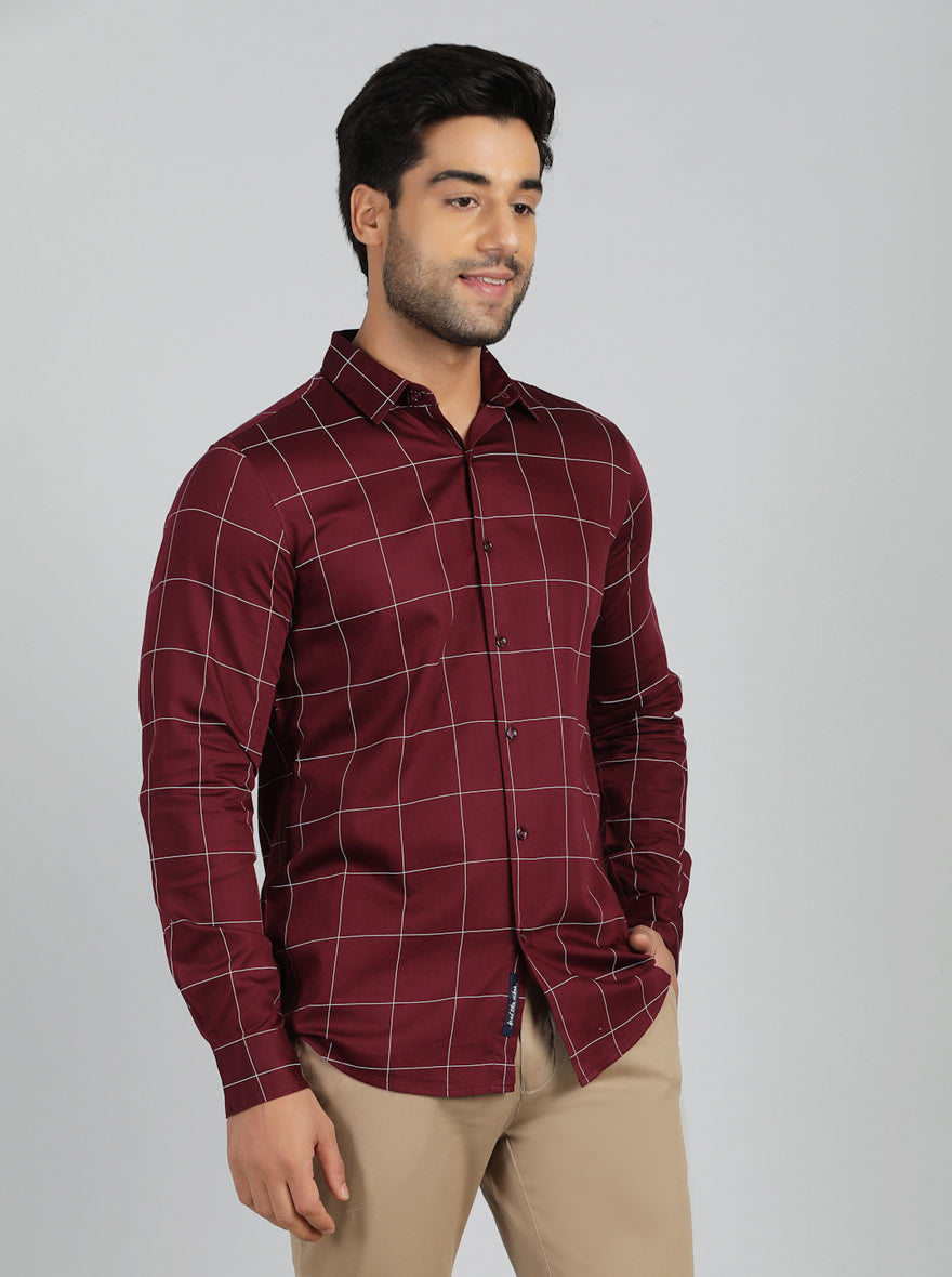 Maroon Checked Slim Fit Casual Shirt | pehervi