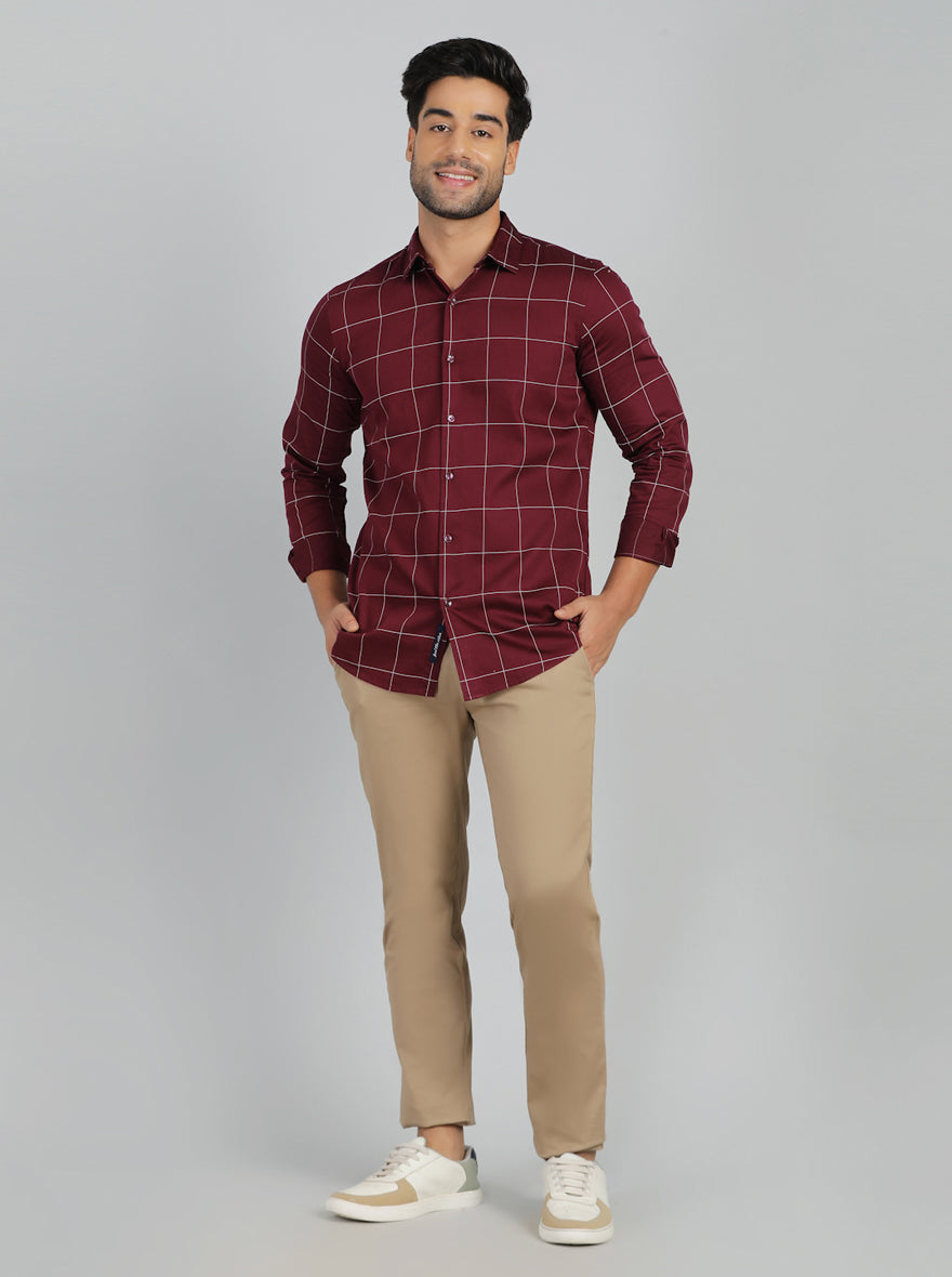 Maroon Checked Slim Fit Casual Shirt | pehervi