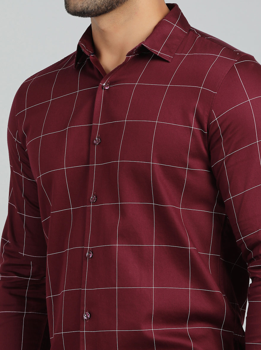 Maroon Checked Slim Fit Casual Shirt | pehervi
