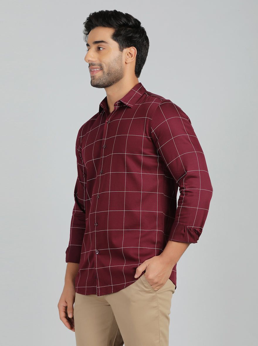 Maroon Checked Slim Fit Casual Shirt | pehervi