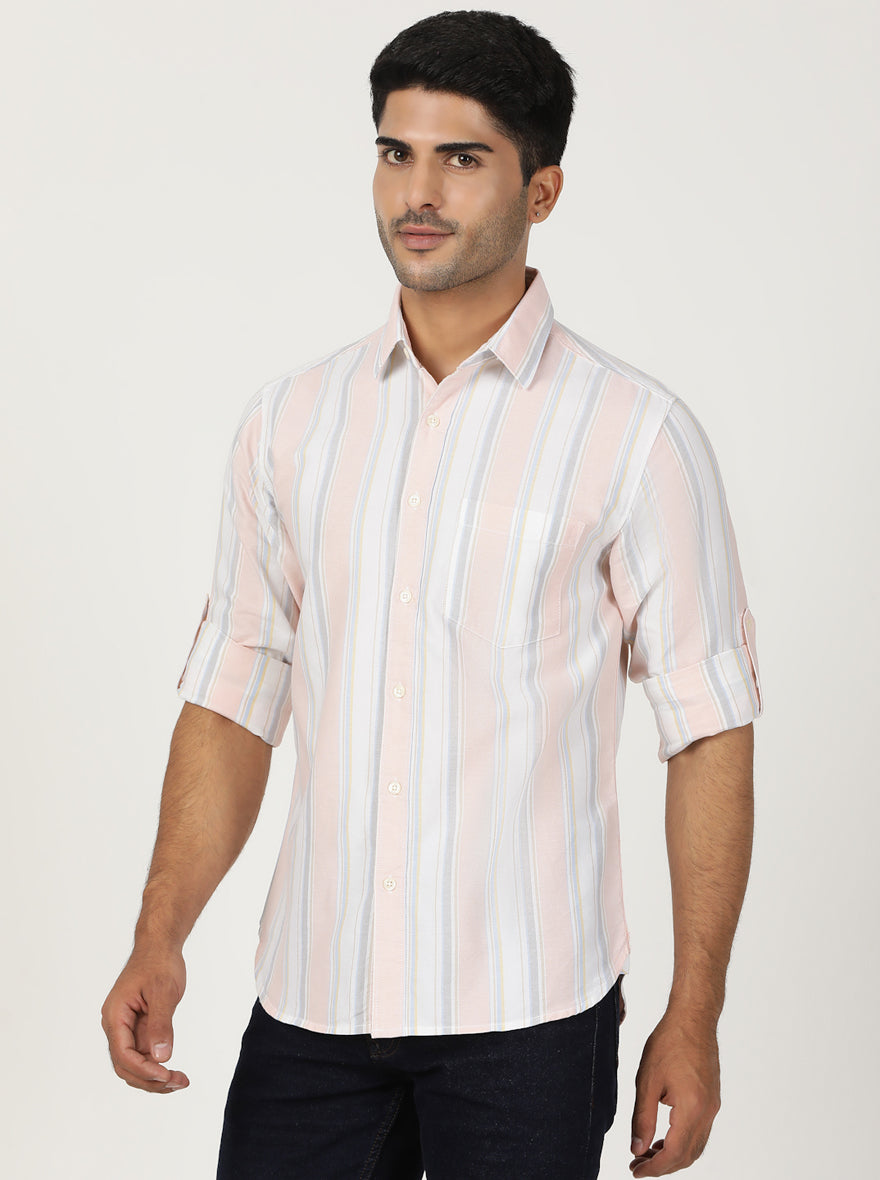 Peach Striped Slim Fit Casual Shirt | pehervi