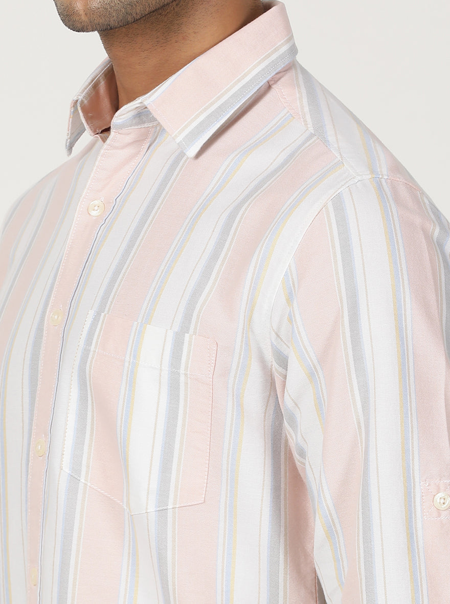 Peach Striped Slim Fit Casual Shirt | pehervi