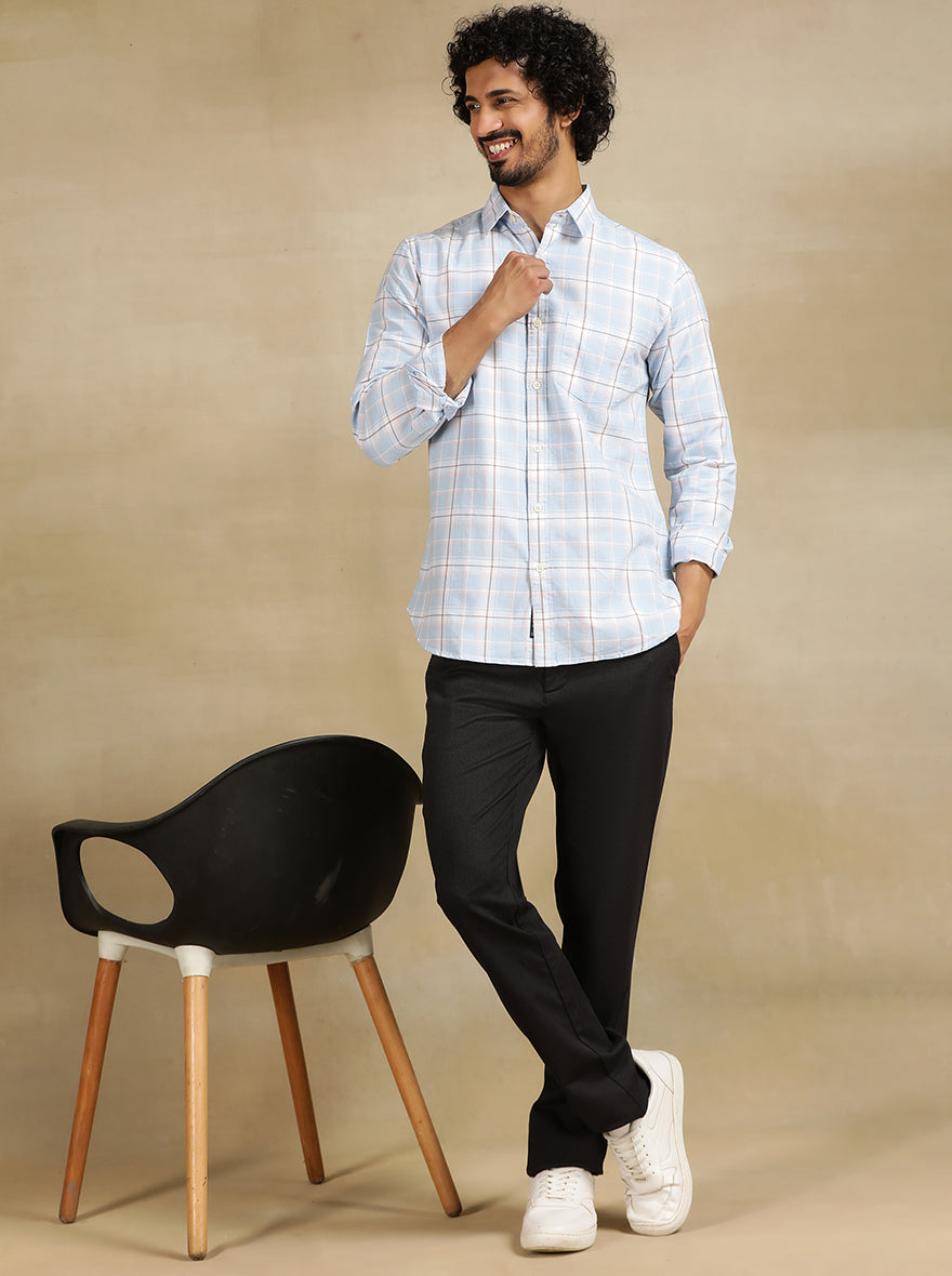 Sky Blue Checked Slim Fit Casual Shirt | pehervi
