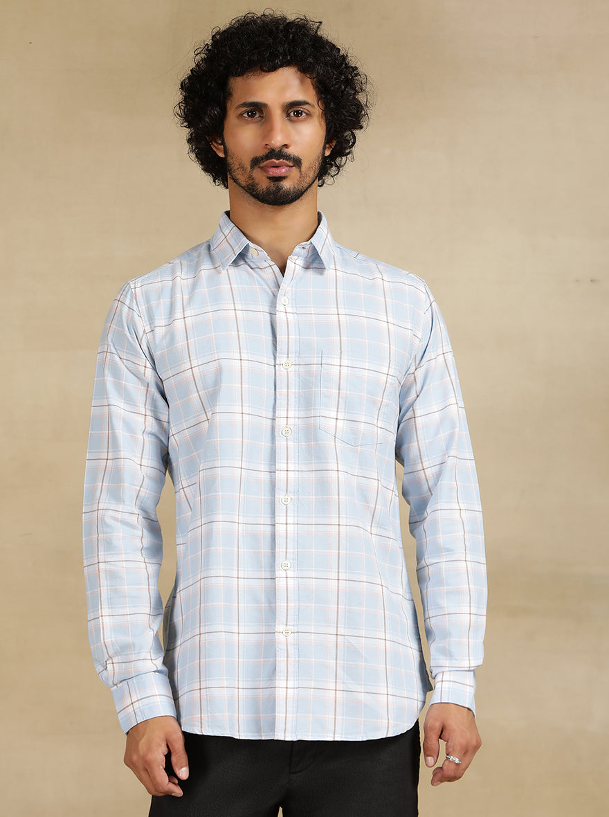 Sky Blue Checked Slim Fit Casual Shirt | pehervi