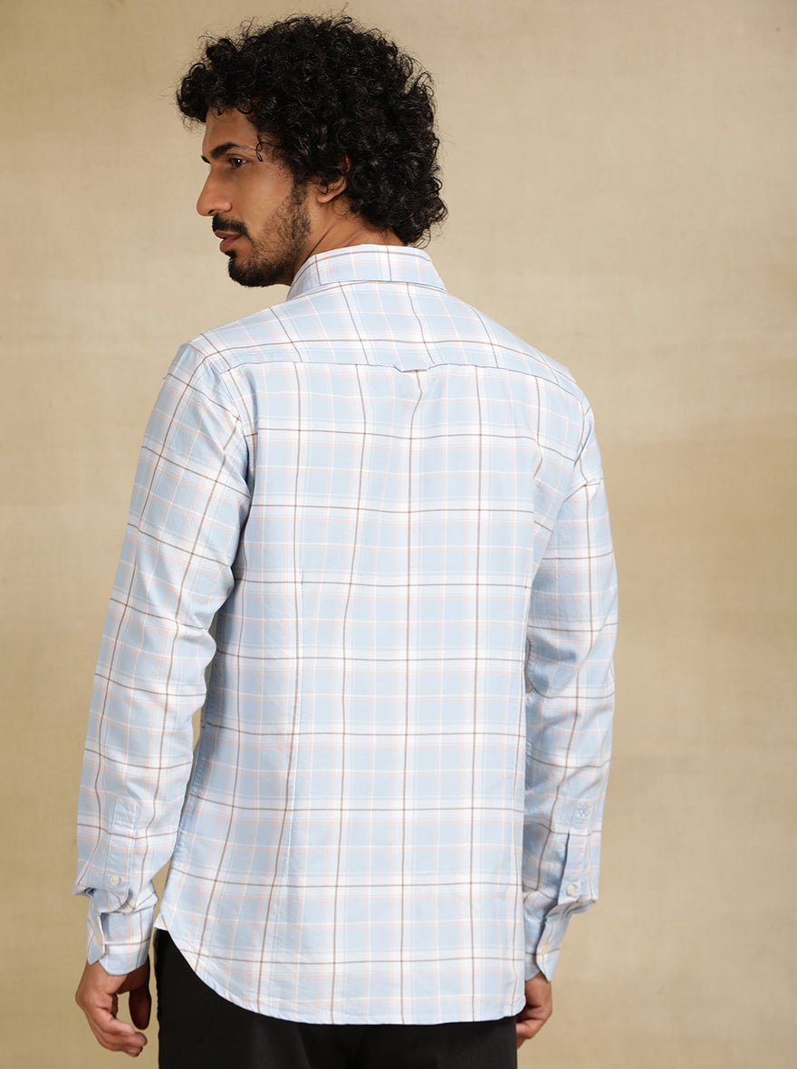Sky Blue Checked Slim Fit Casual Shirt | pehervi