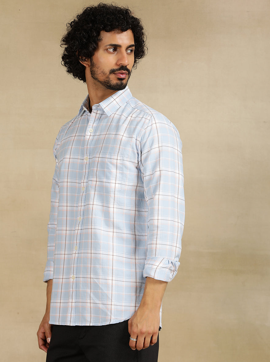Sky Blue Checked Slim Fit Casual Shirt | pehervi