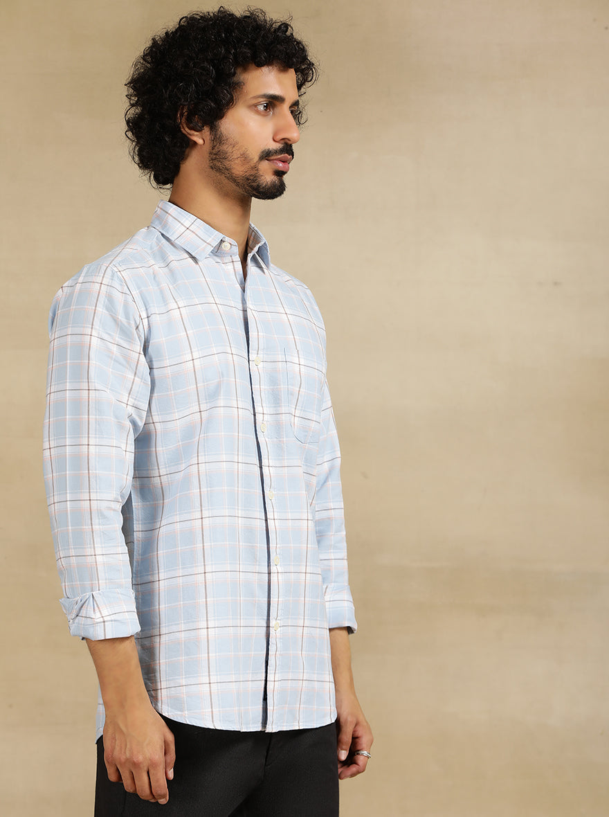 Sky Blue Checked Slim Fit Casual Shirt | pehervi