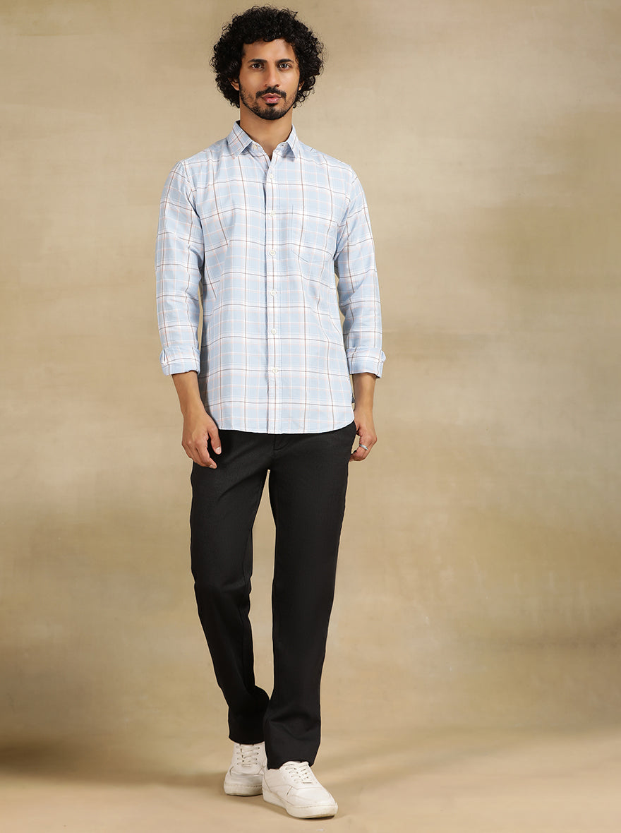 Sky Blue Checked Slim Fit Casual Shirt | pehervi