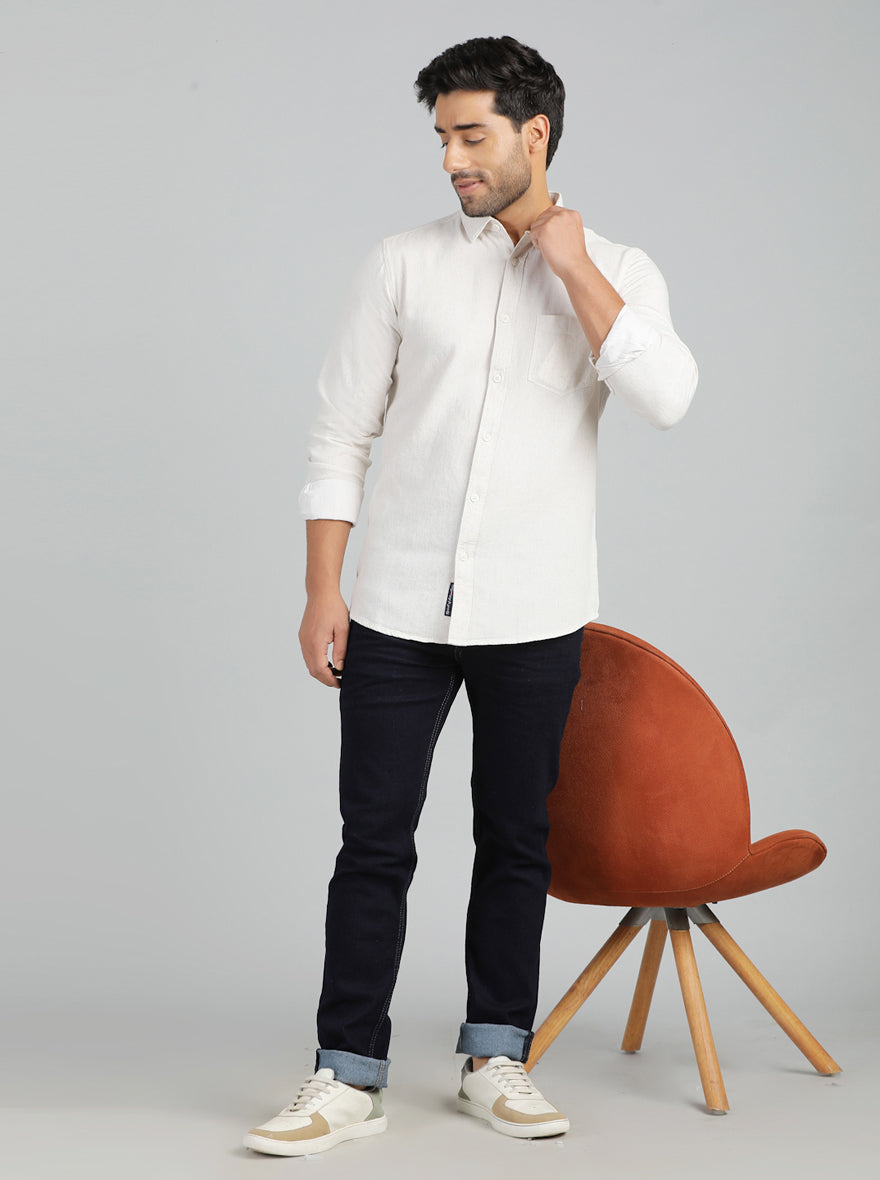 Cream Solid Slim Fit Casual Shirt | pehervi