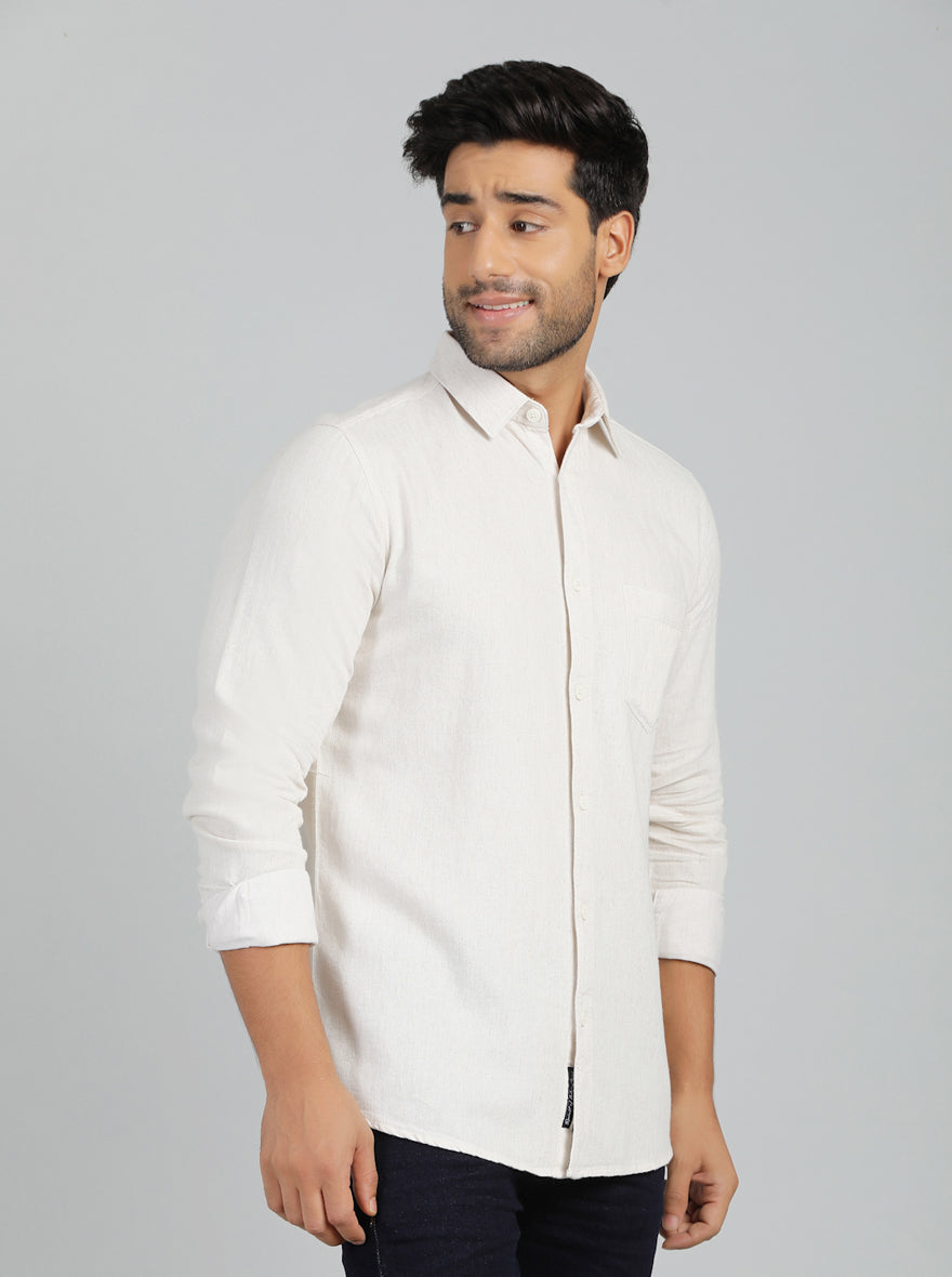 Cream Solid Slim Fit Casual Shirt | pehervi
