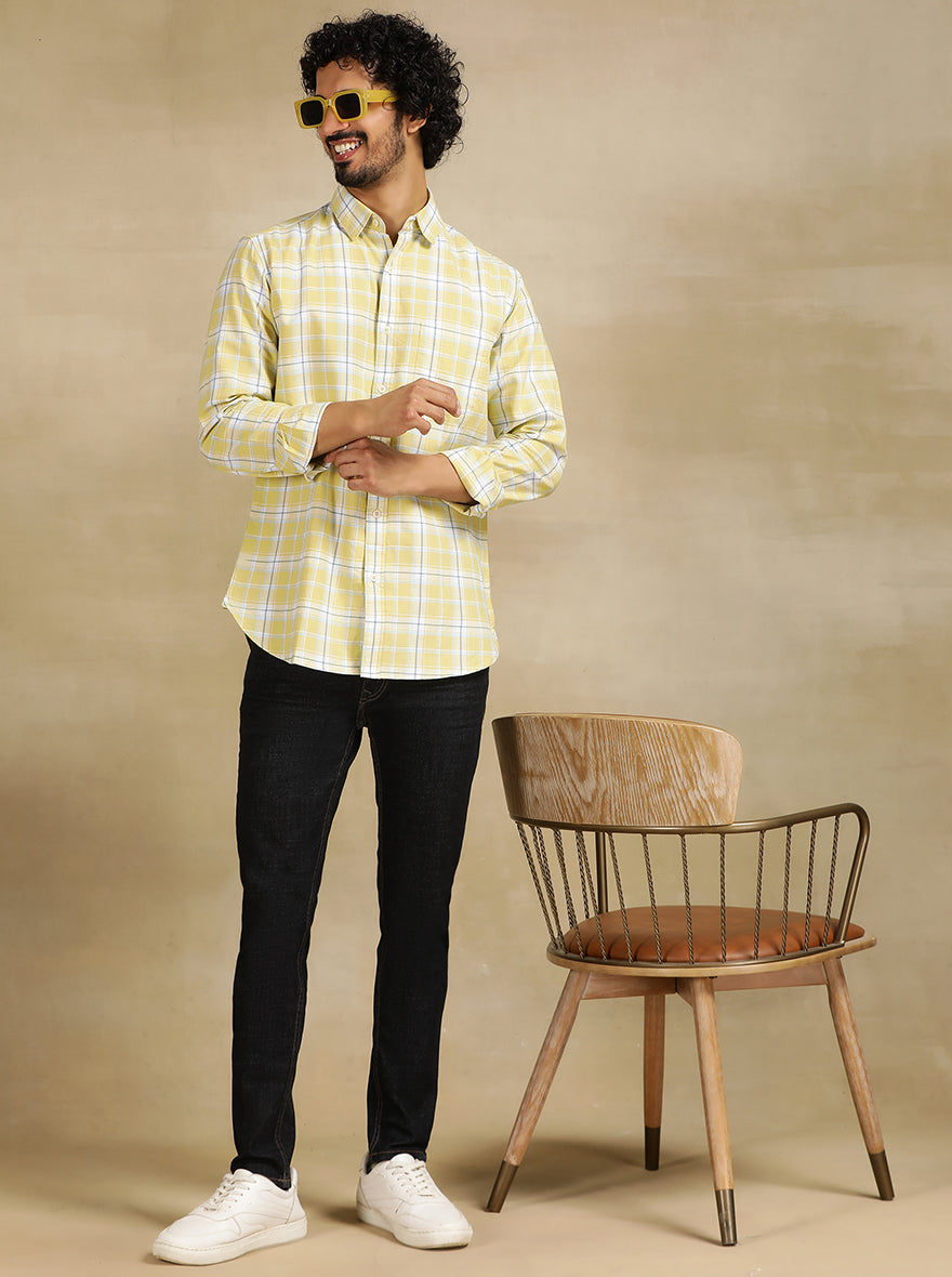 Light Green Checked Slim Fit Casual Shirt | pehervi
