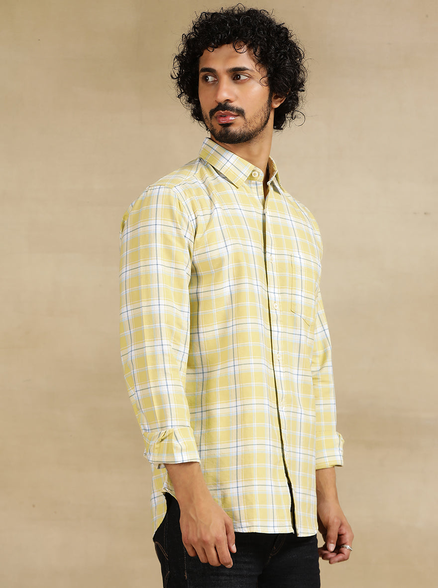 Light Green Checked Slim Fit Casual Shirt | pehervi