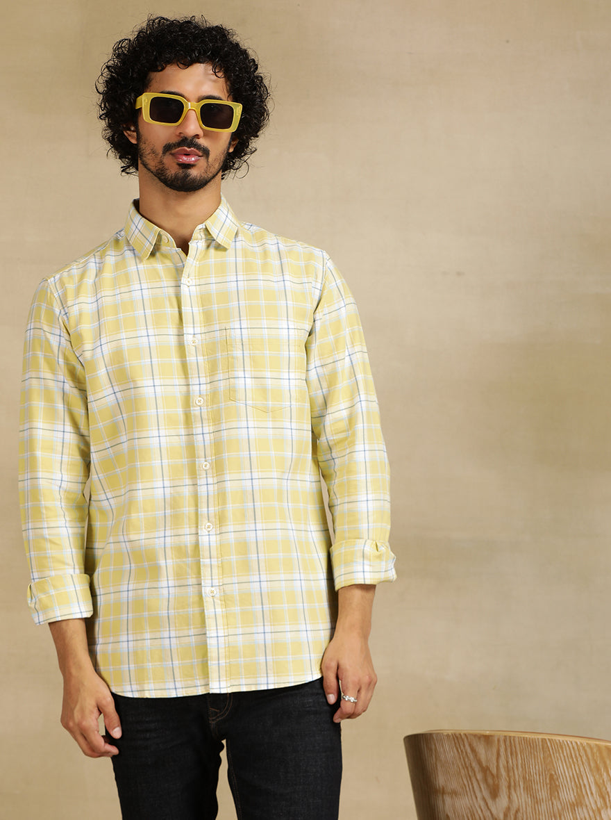 Light Green Checked Slim Fit Casual Shirt | pehervi