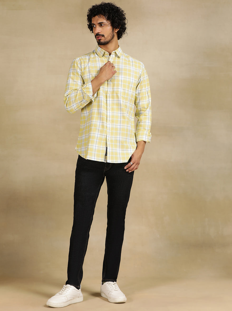 Light Green Checked Slim Fit Casual Shirt | pehervi
