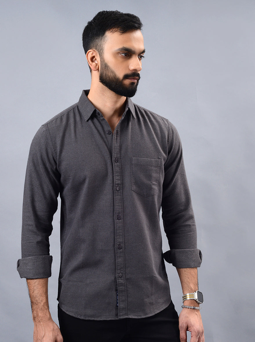 Grey Solid Slim Fit Casual Shirt | pehervi