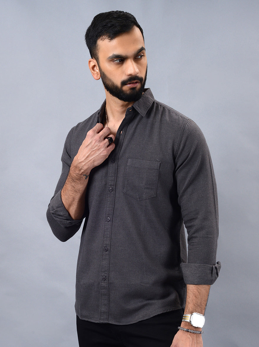 Grey Solid Slim Fit Casual Shirt | pehervi