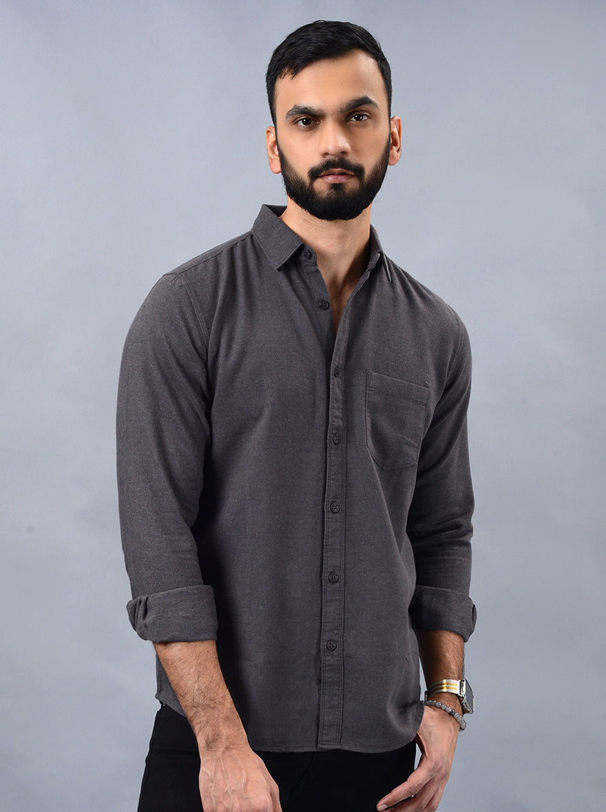 Grey Solid Slim Fit Casual Shirt | pehervi