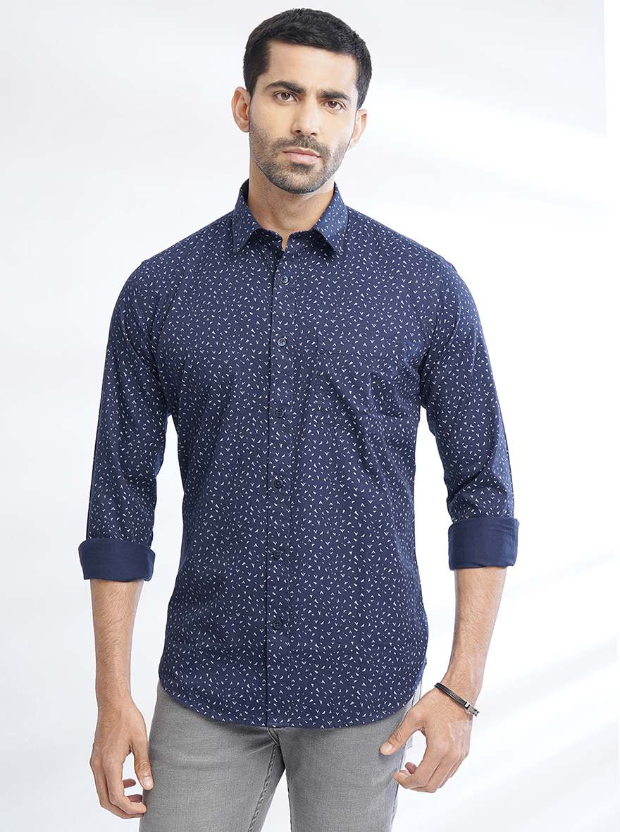 Navy Blue Printed Smart Fit Semi Casual Shirt | Pehervi