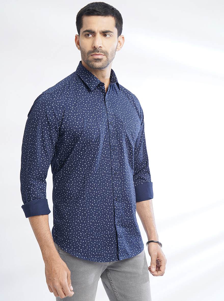 Navy Blue Printed Smart Fit Semi Casual Shirt | Pehervi