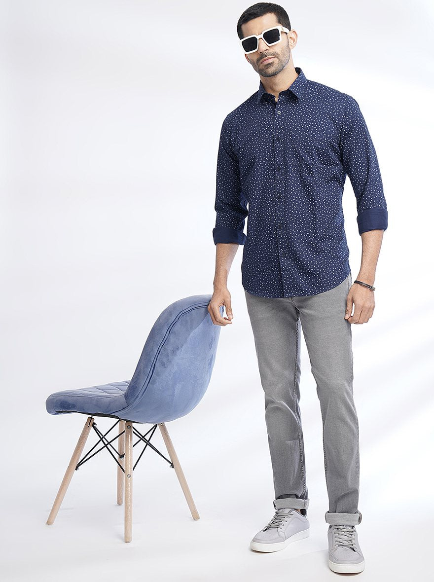 Navy Blue Printed Smart Fit Semi Casual Shirt | Pehervi