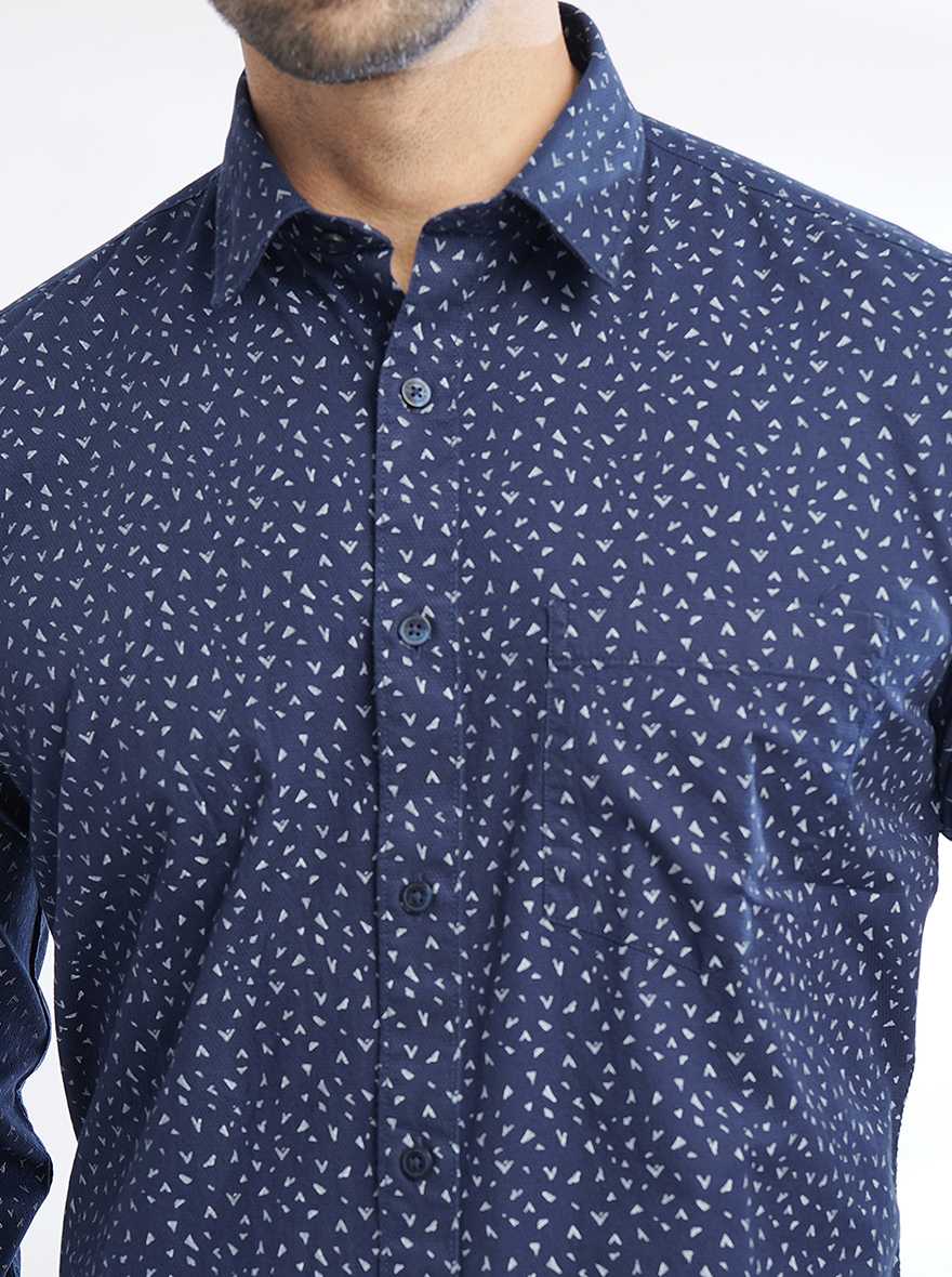 Navy Blue Printed Smart Fit Semi Casual Shirt | Pehervi