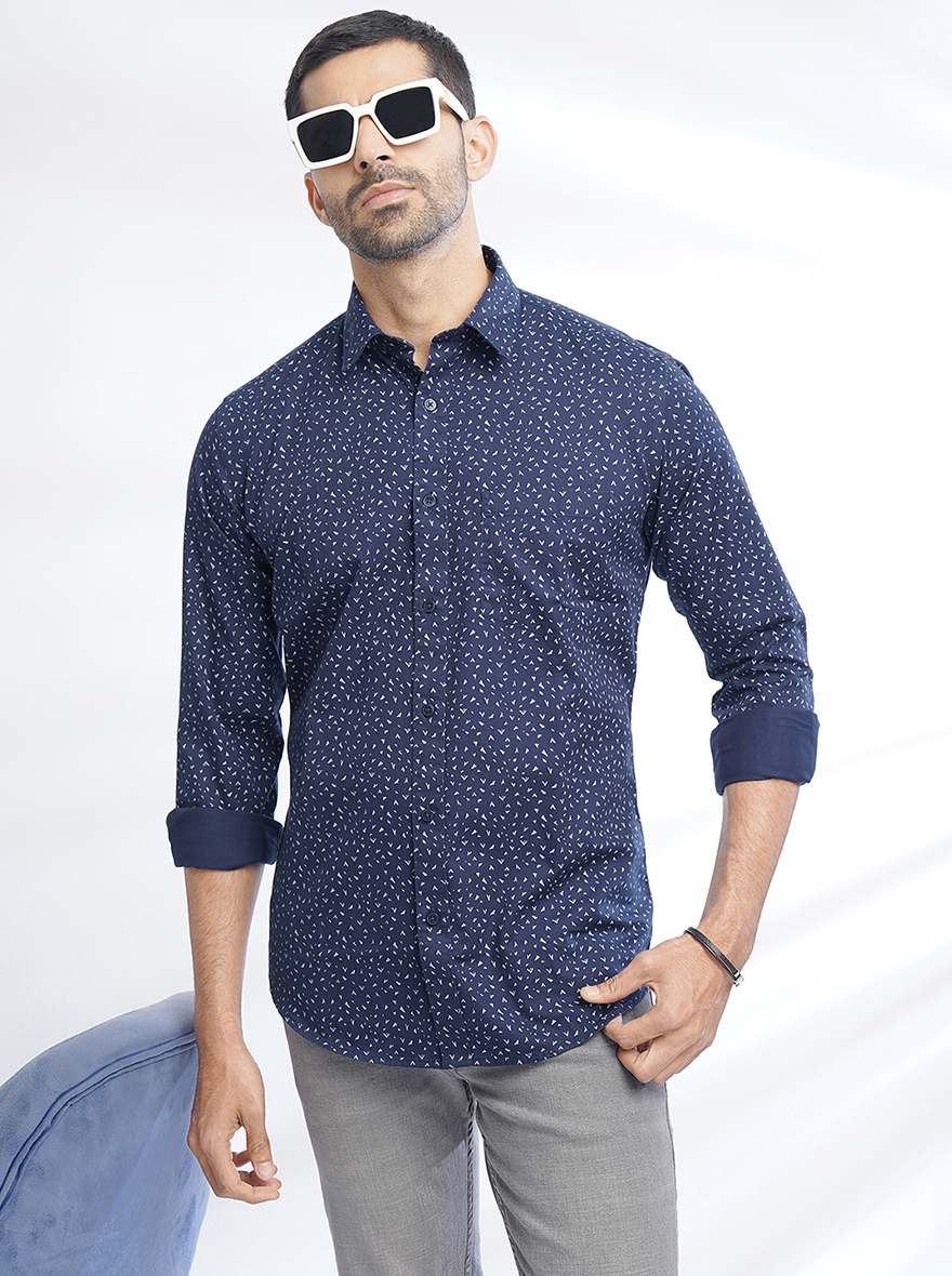 Navy Blue Printed Smart Fit Semi Casual Shirt | Pehervi