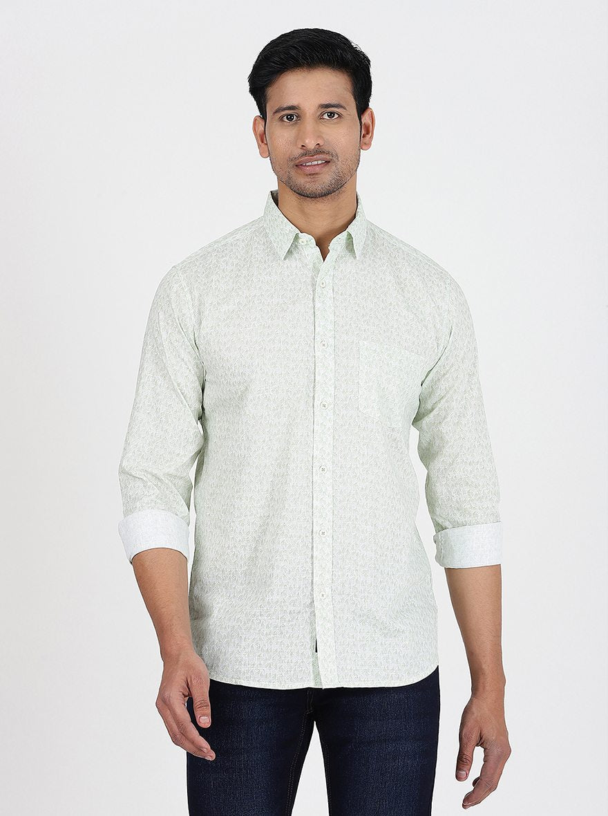 Light Green Printed Slim Fit Casual Shirt | pehervi