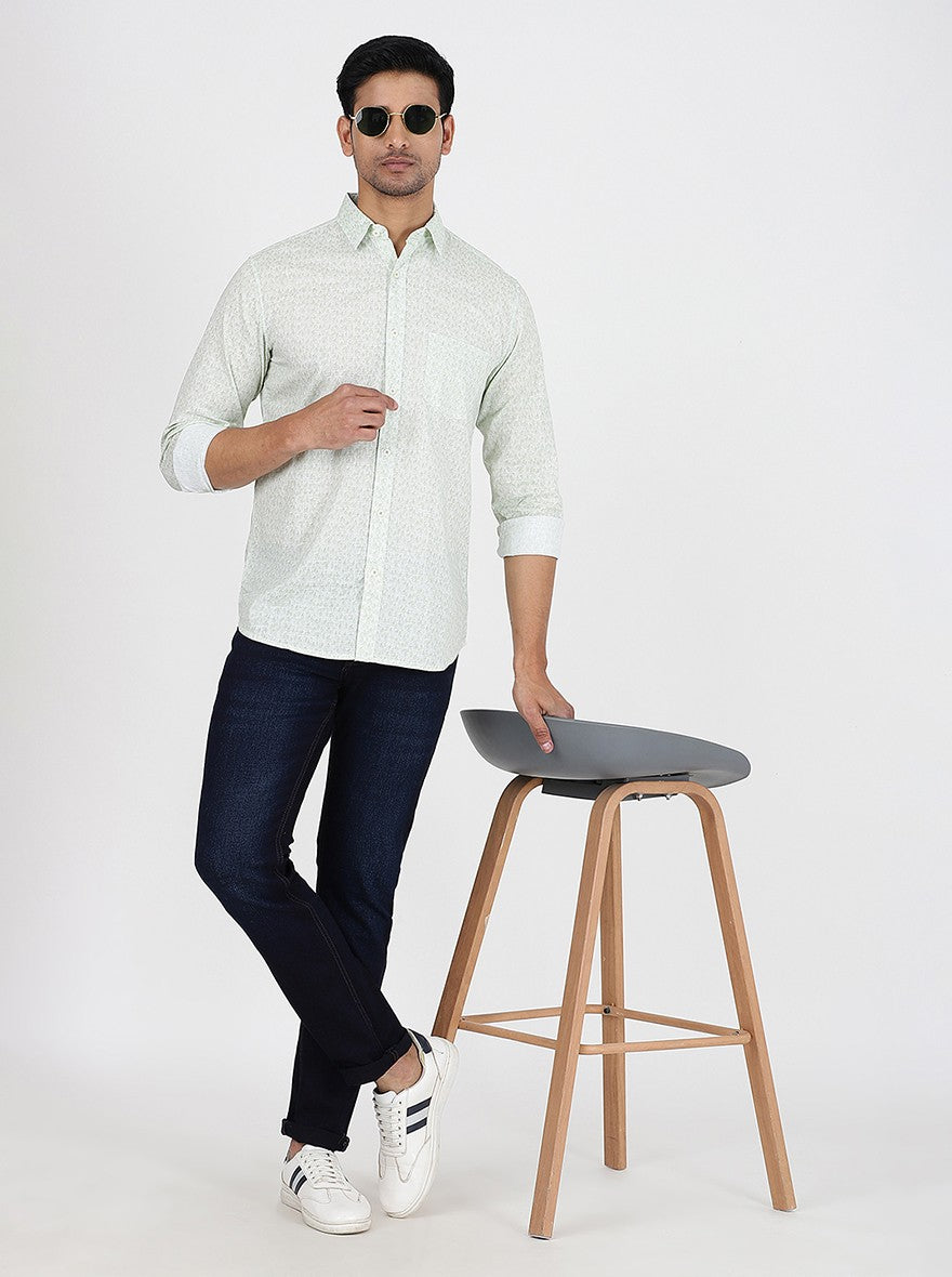 Light Green Printed Slim Fit Casual Shirt | pehervi