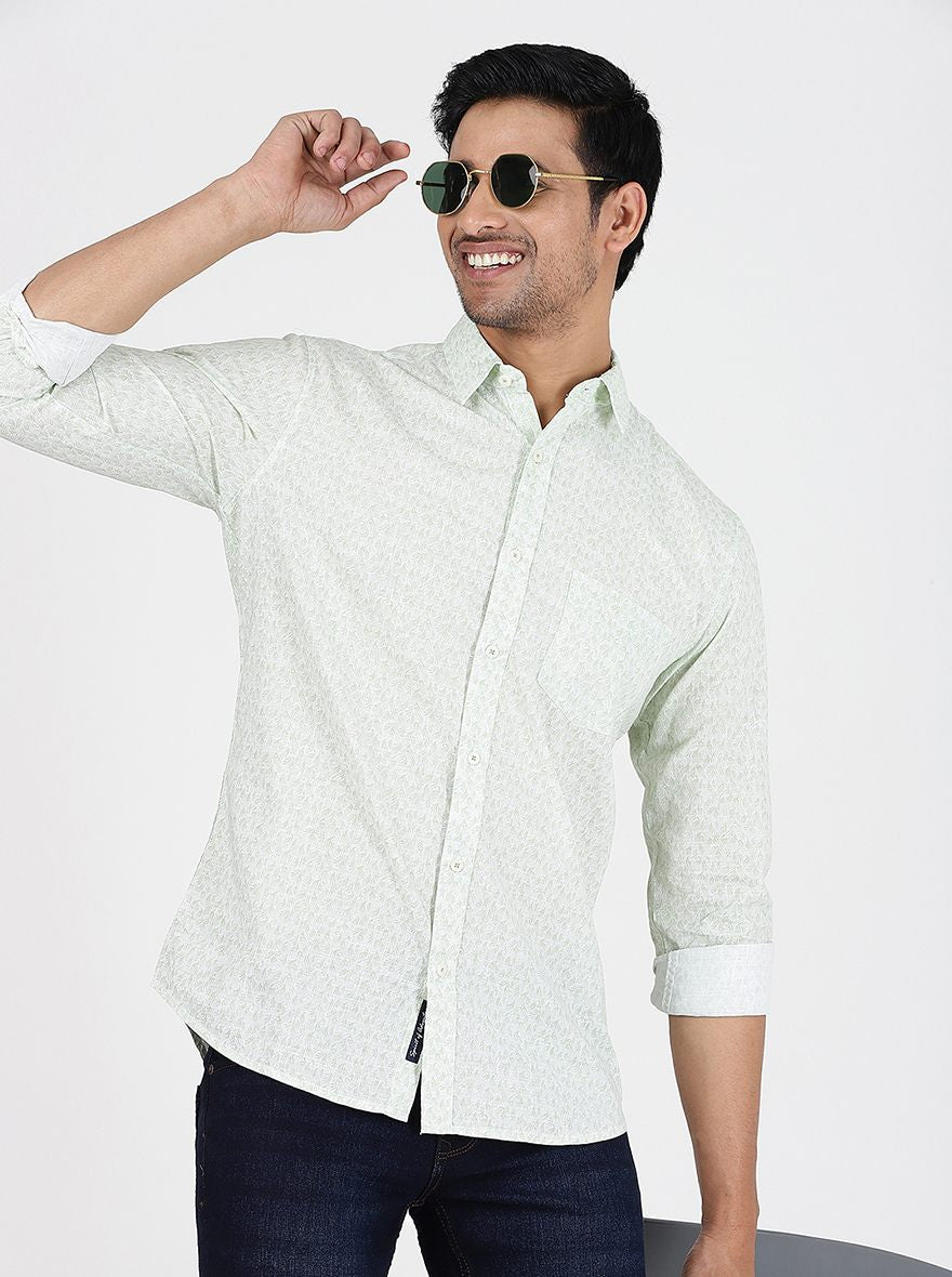Light Green Printed Slim Fit Casual Shirt | pehervi