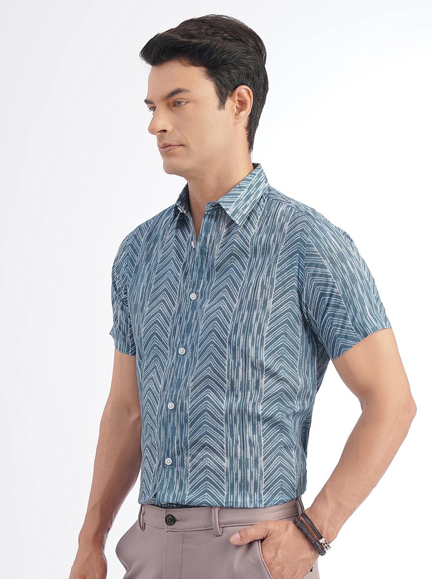 Blue Printed Slim Fit Casual Shirt | pehervi
