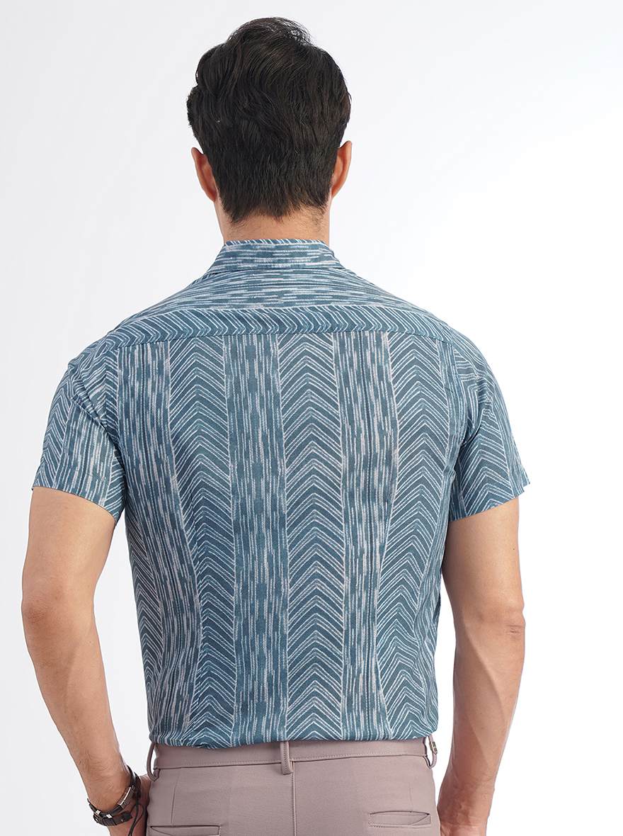 Blue Printed Slim Fit Casual Shirt | pehervi