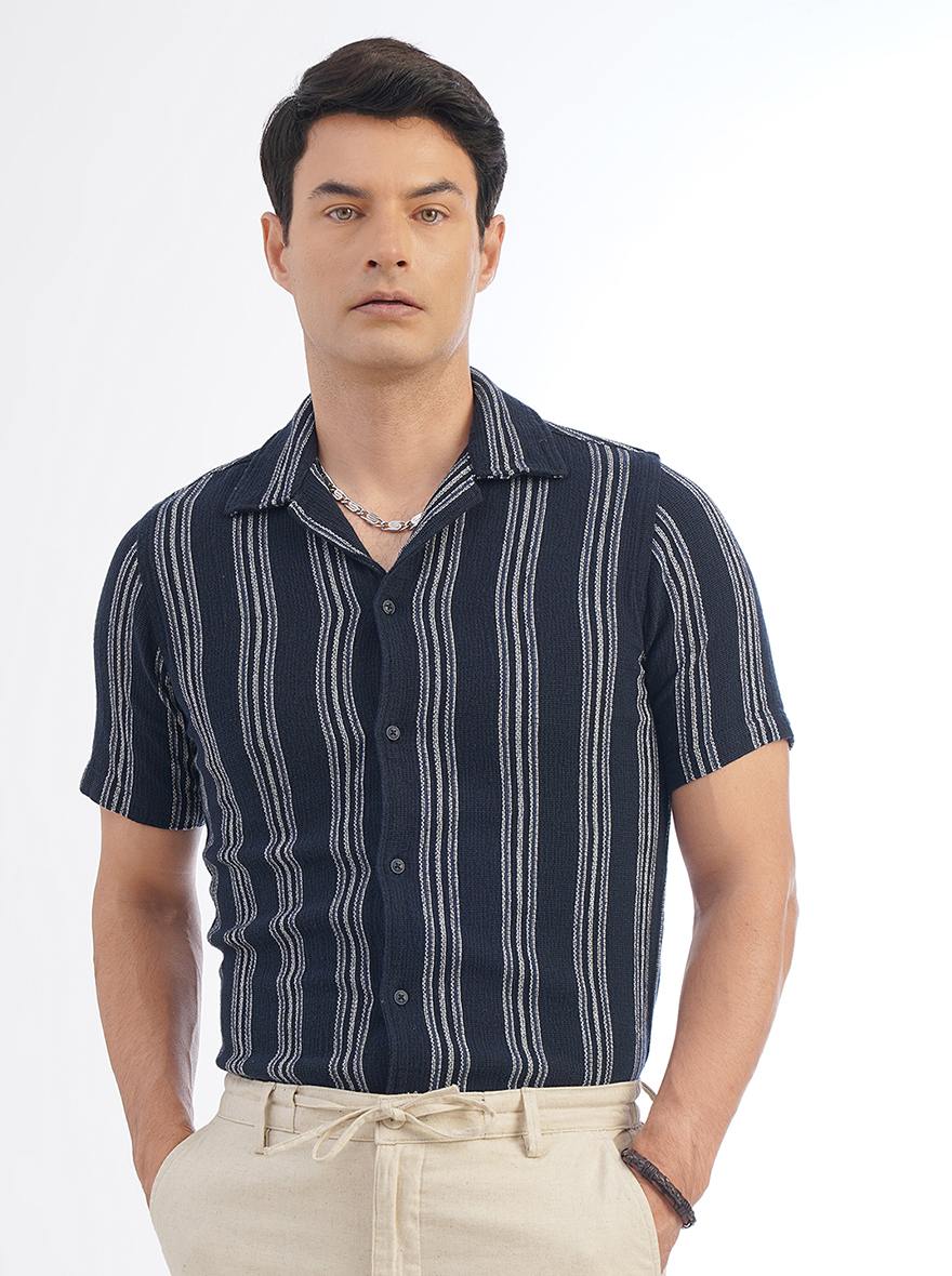 Navy Blue Striped Slim Fit Casual Shirt | pehervi