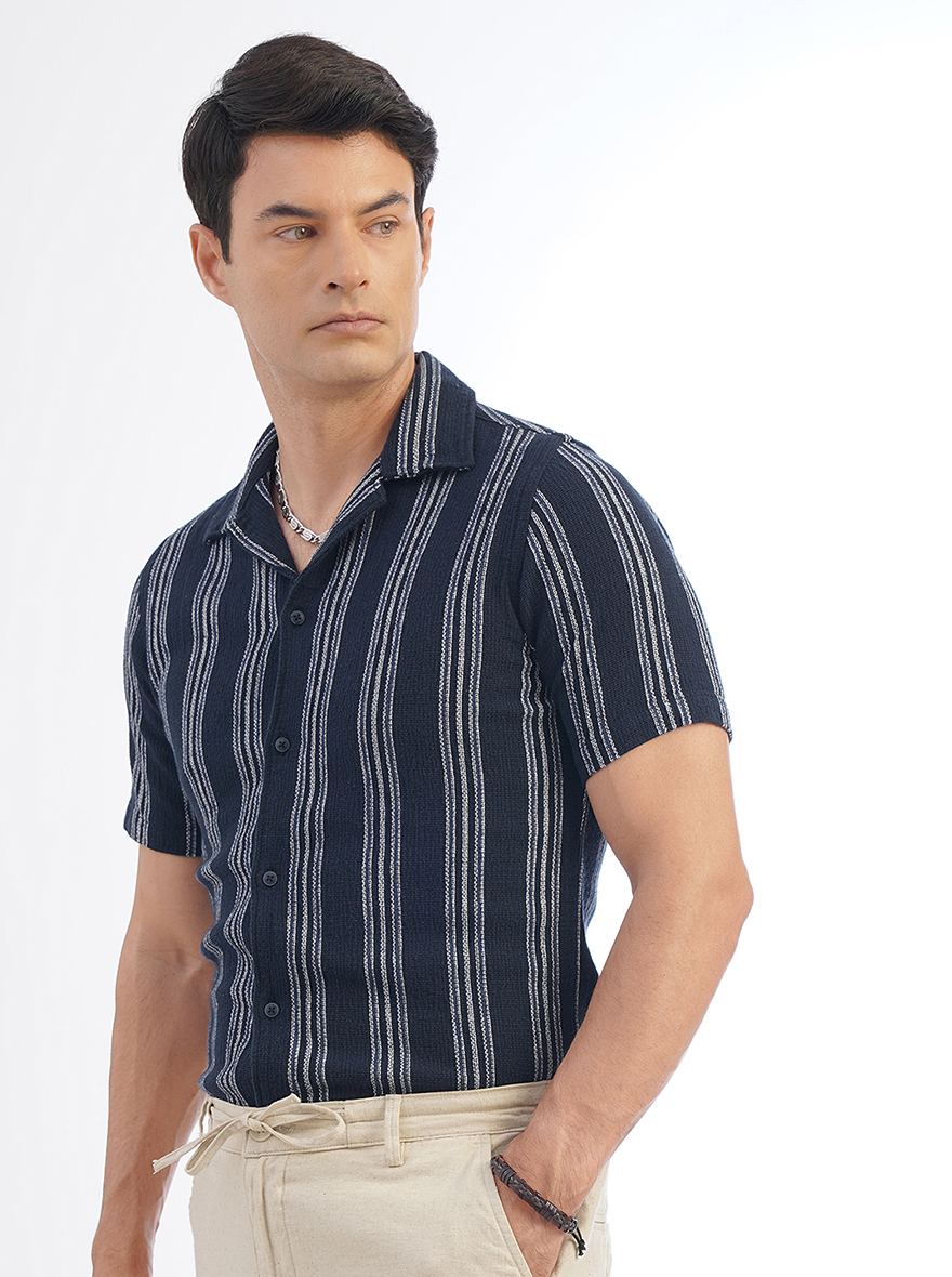 Navy Blue Striped Slim Fit Casual Shirt | pehervi
