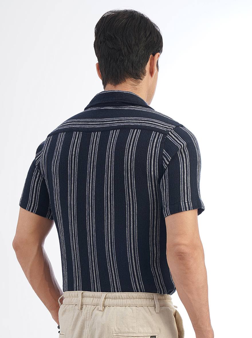 Navy Blue Striped Slim Fit Casual Shirt | pehervi