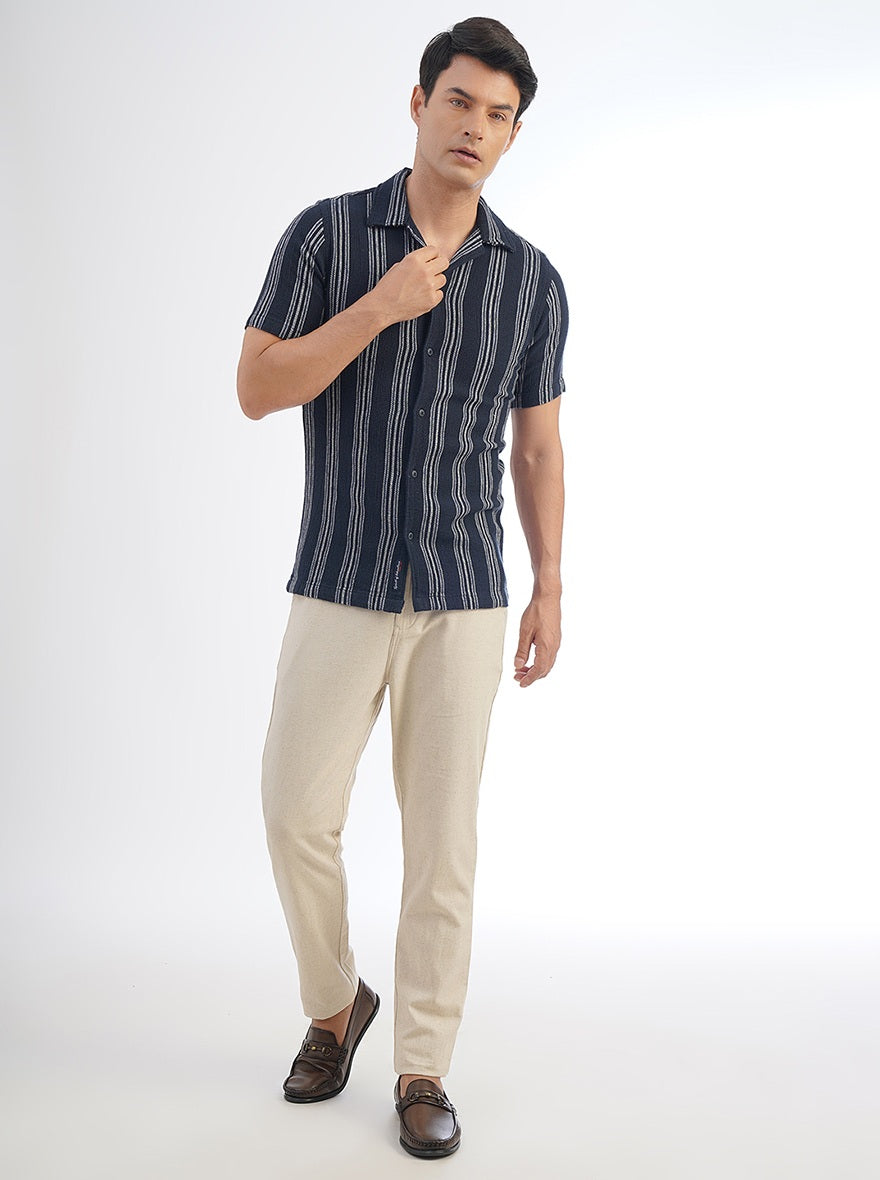 Navy Blue Striped Slim Fit Casual Shirt | pehervi