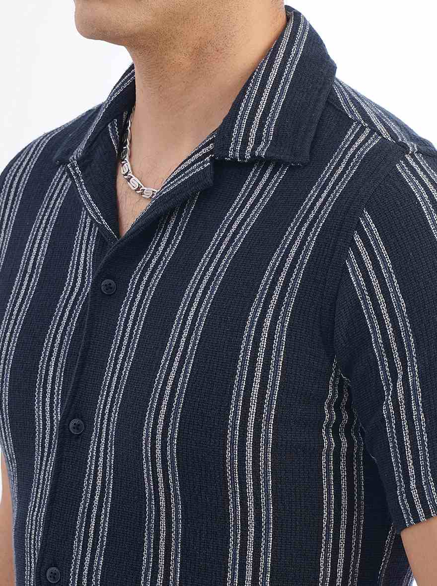 Navy Blue Striped Slim Fit Casual Shirt | pehervi
