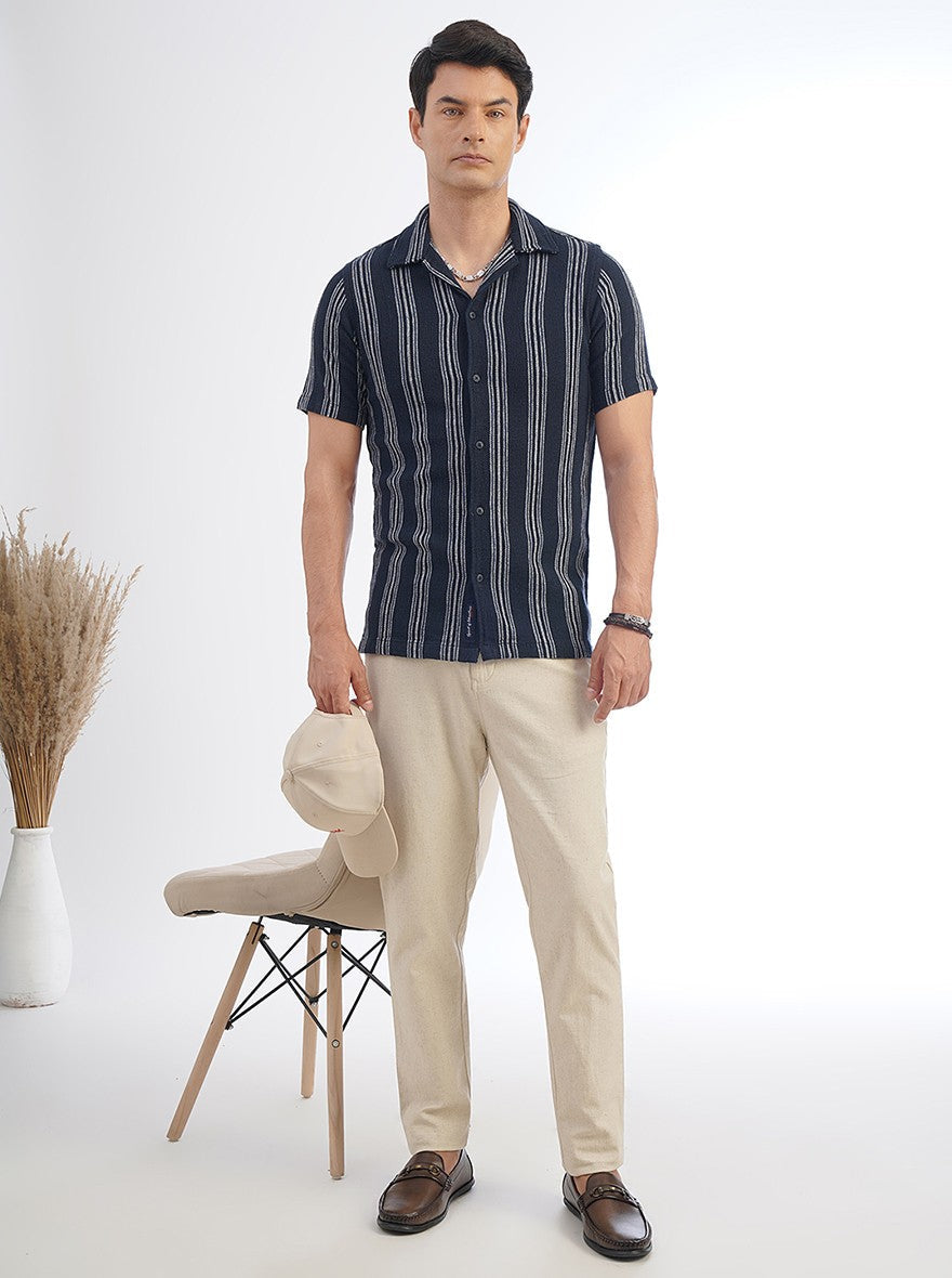 Navy Blue Striped Slim Fit Casual Shirt | pehervi