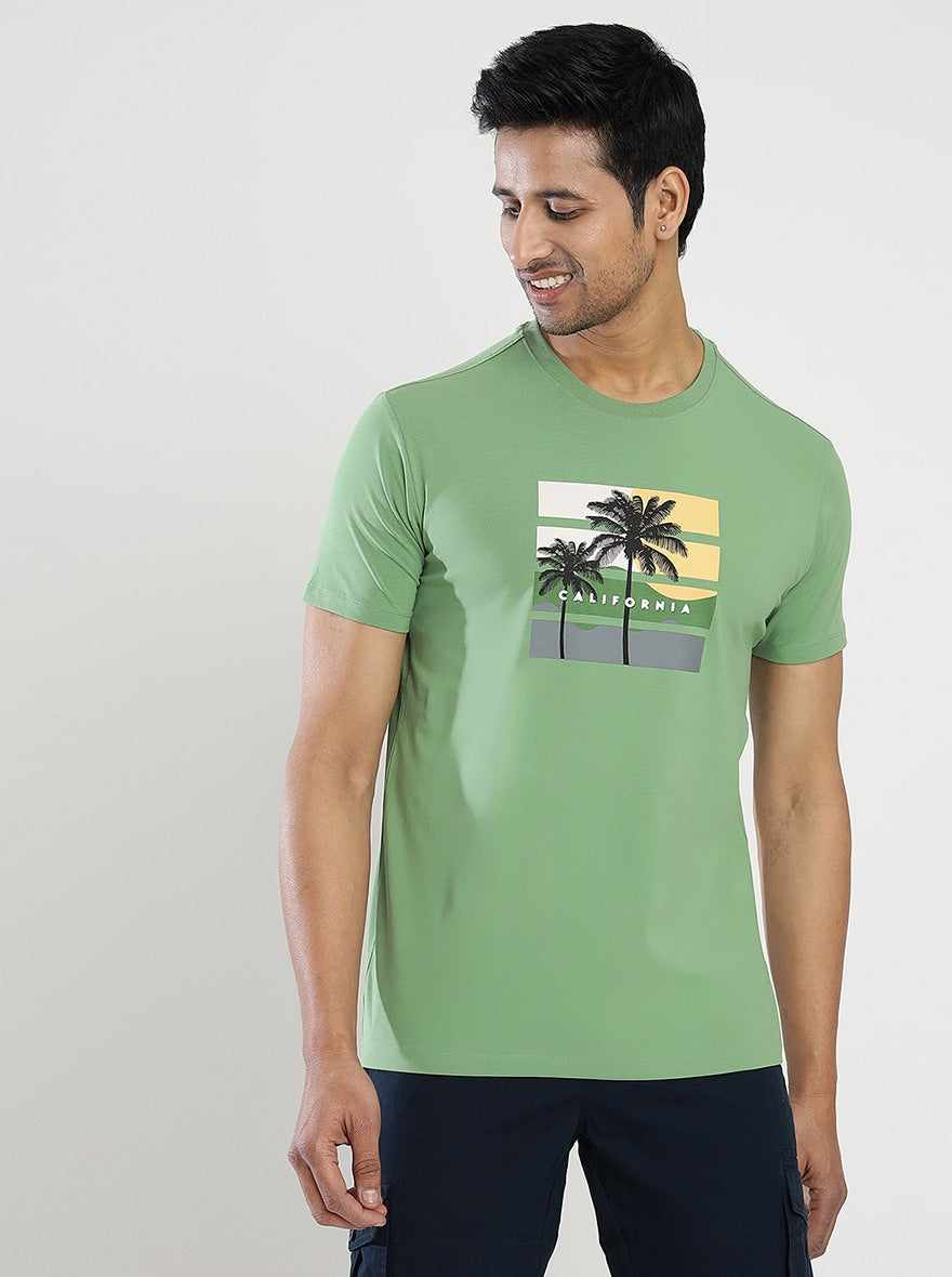 Green Printed Slim Fit T-Shirt | pehervi