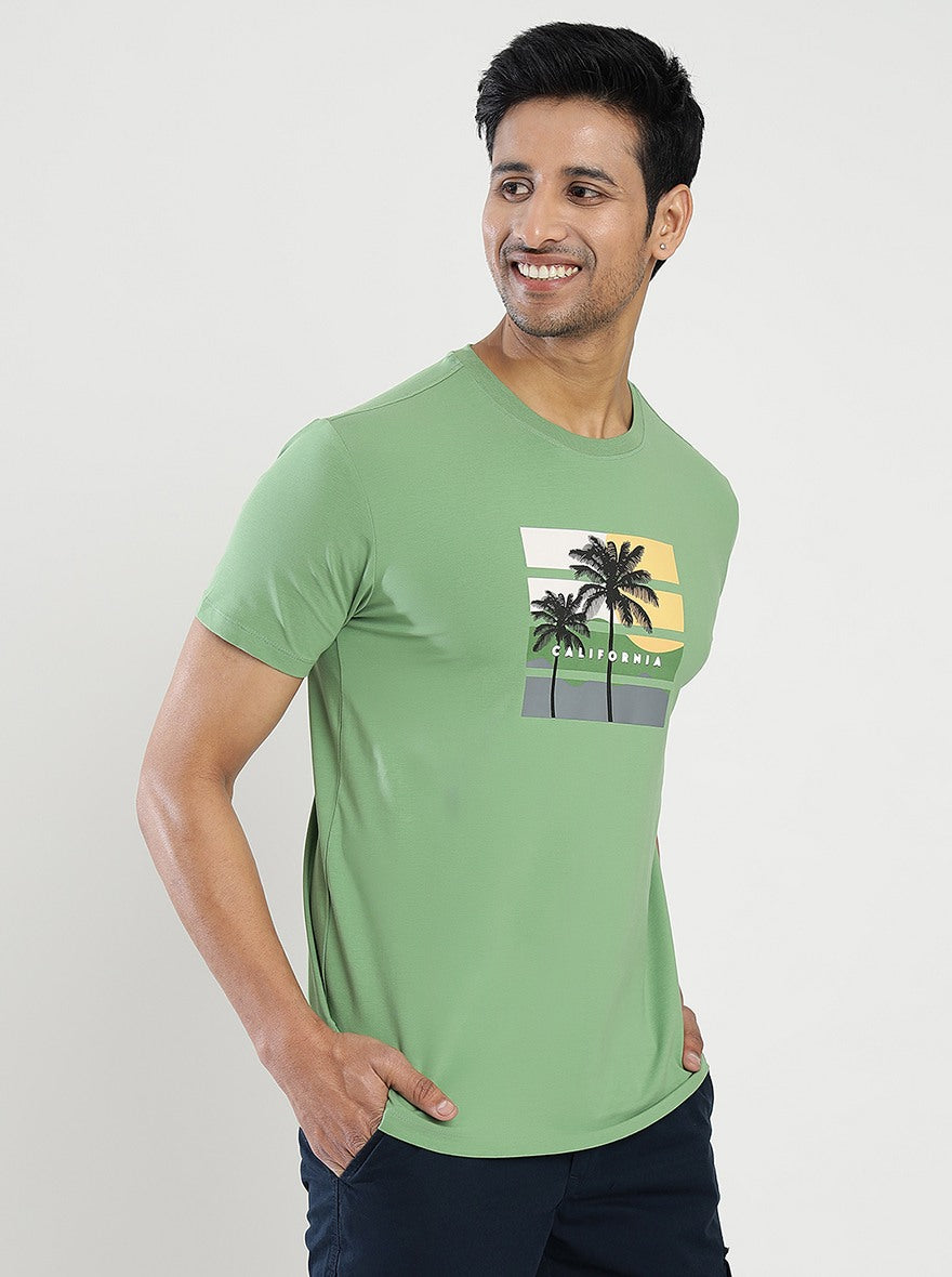 Green Printed Slim Fit T-Shirt | pehervi