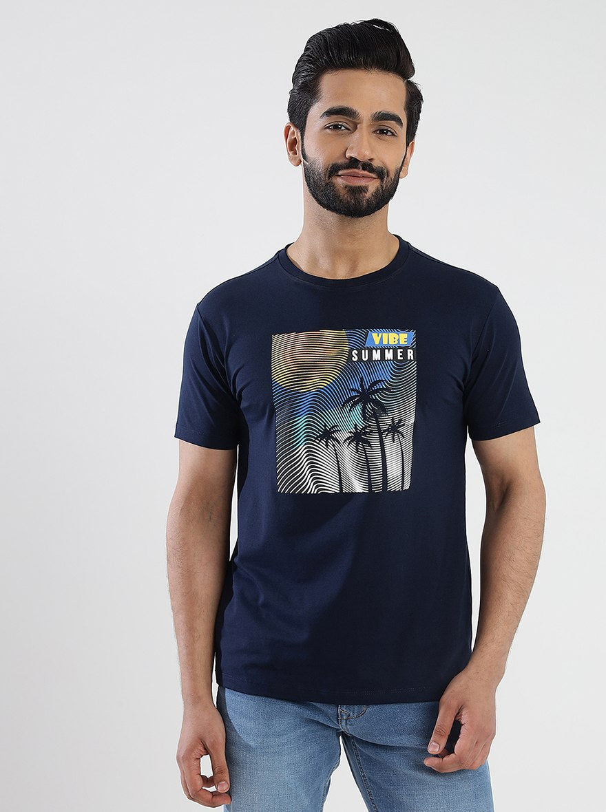 Navy Blue Printed Slim Fit T-Shirt | pehervi