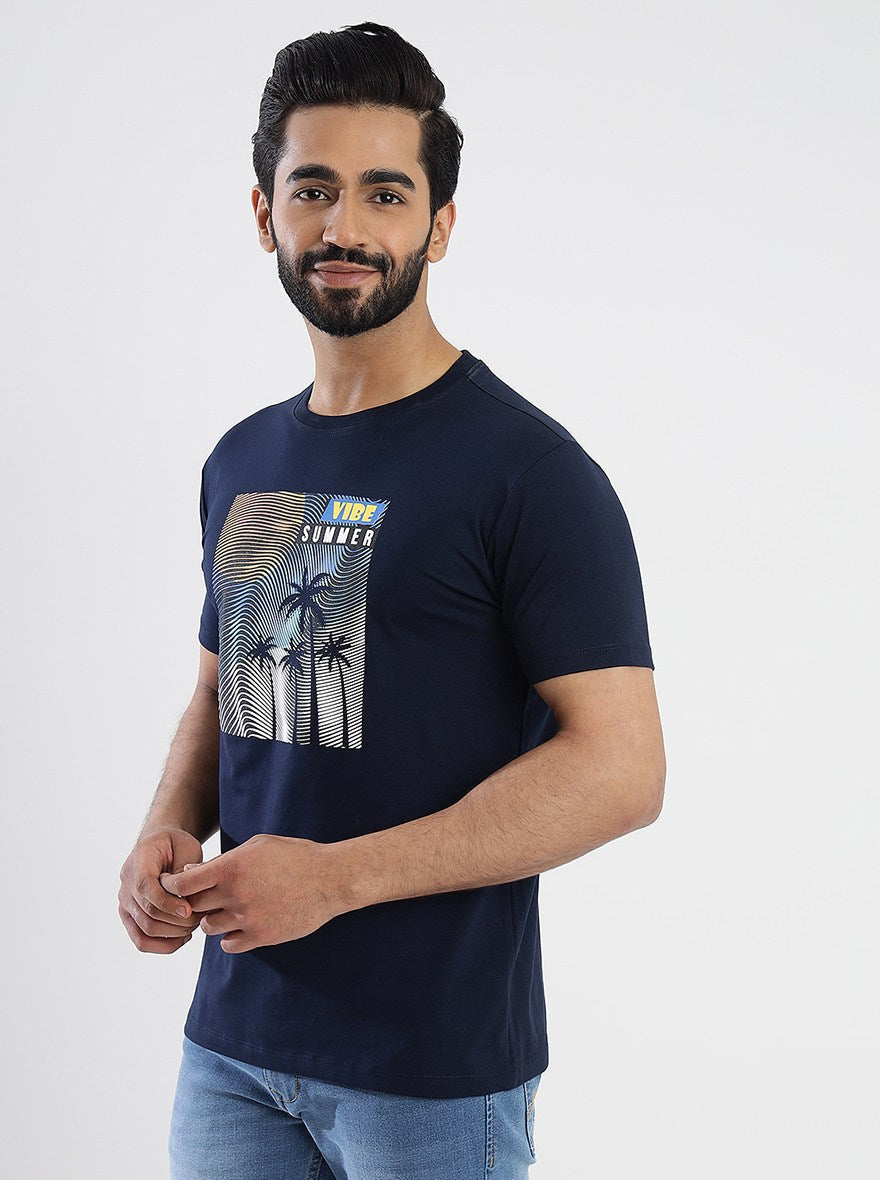 Navy Blue Printed Slim Fit T-Shirt | pehervi
