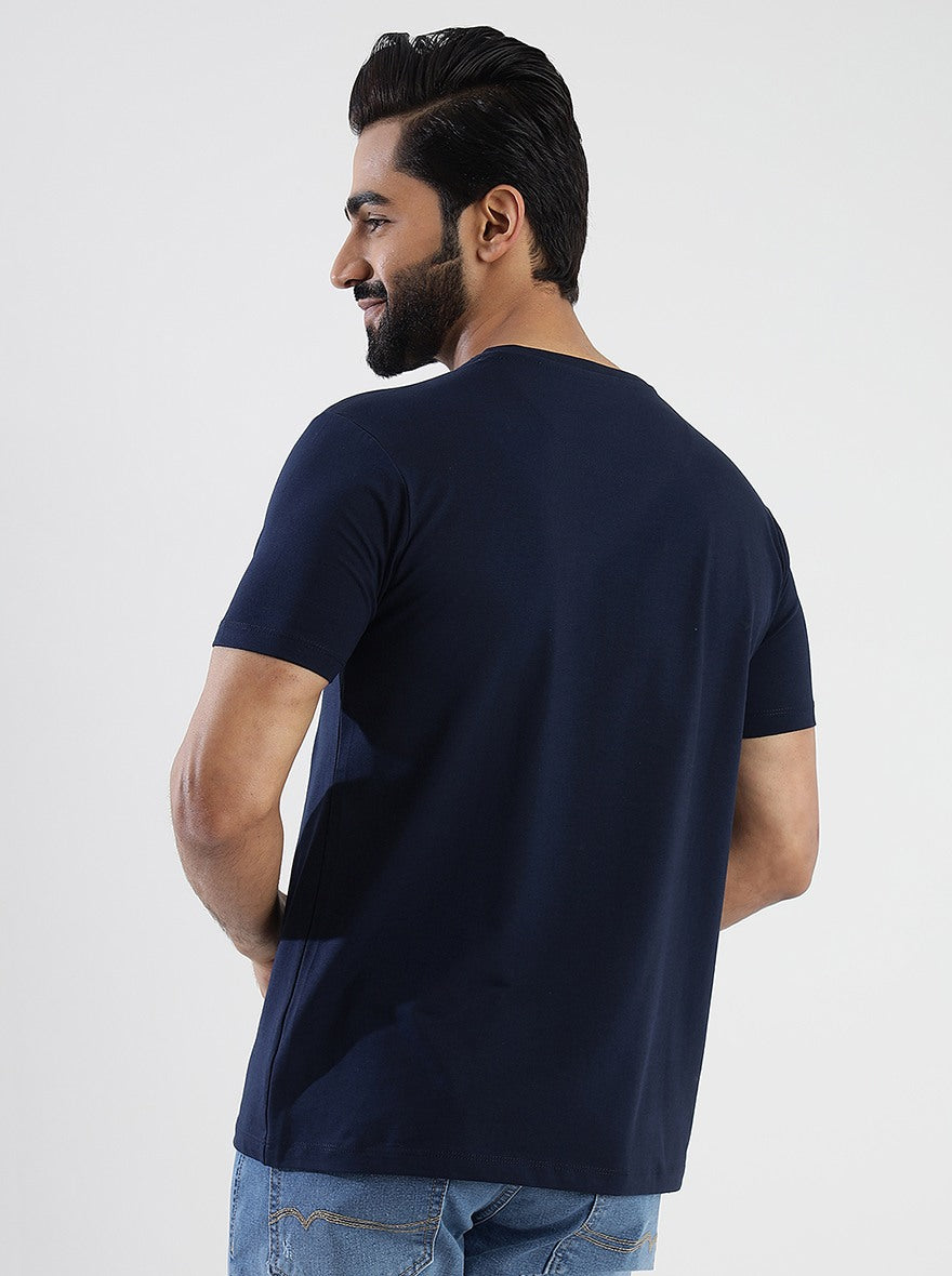 Navy Blue Printed Slim Fit T-Shirt | pehervi