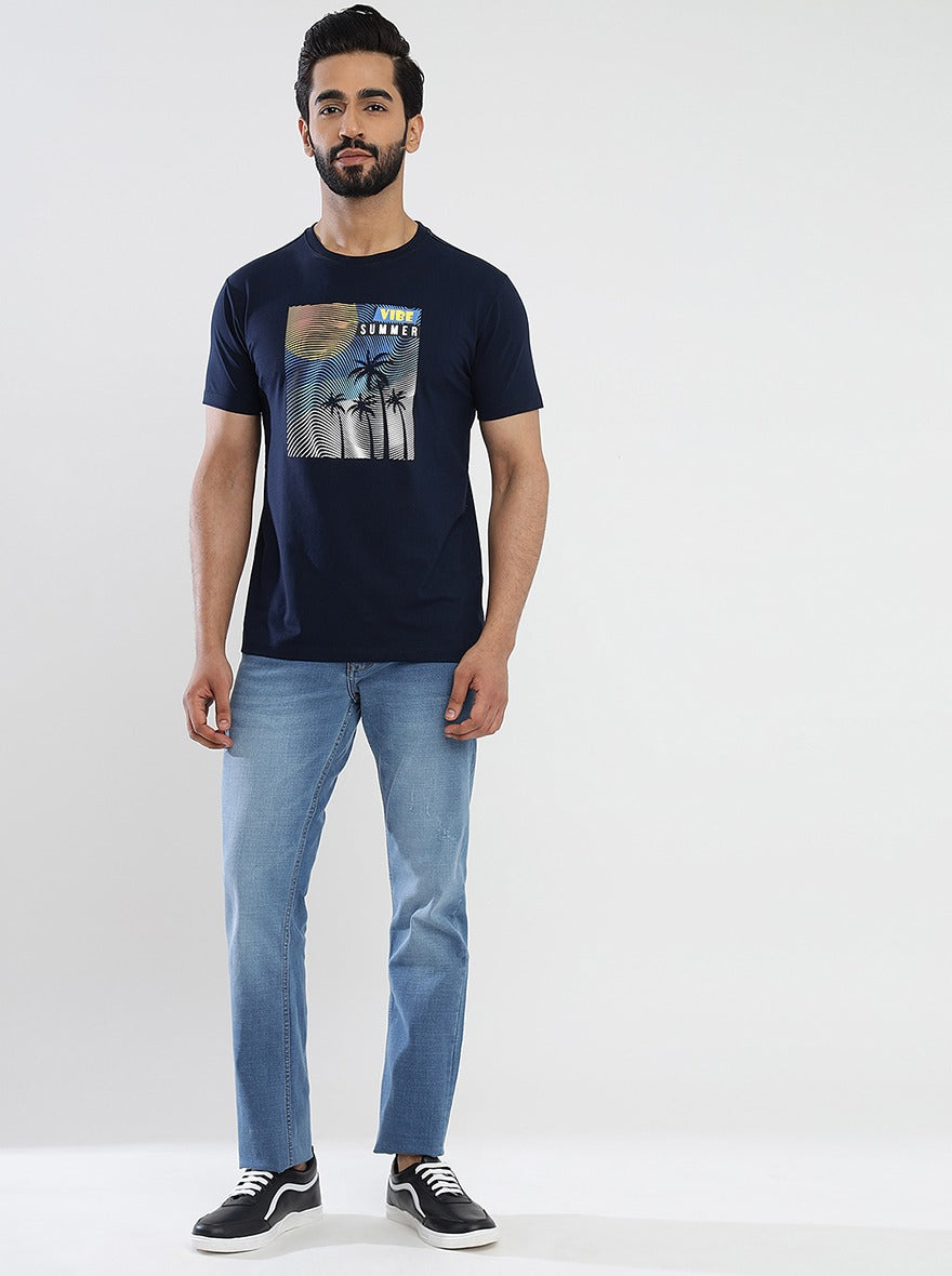 Navy Blue Printed Slim Fit T-Shirt | pehervi