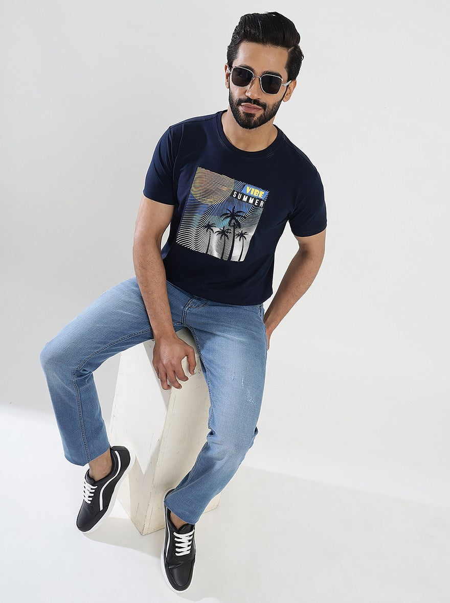 Navy Blue Printed Slim Fit T-Shirt | pehervi