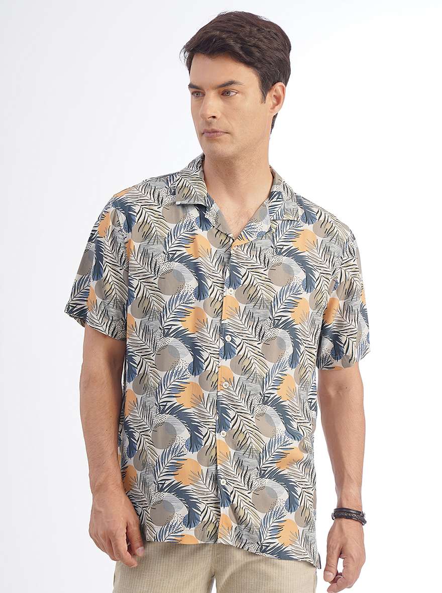 Cream Printed Slim Fit Casual Shirt | pehervi