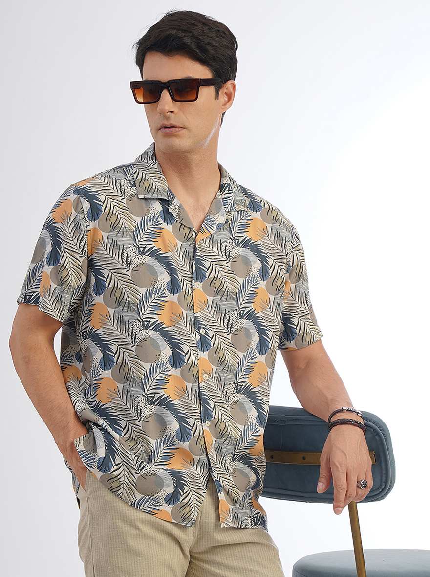 Cream Printed Slim Fit Casual Shirt | pehervi