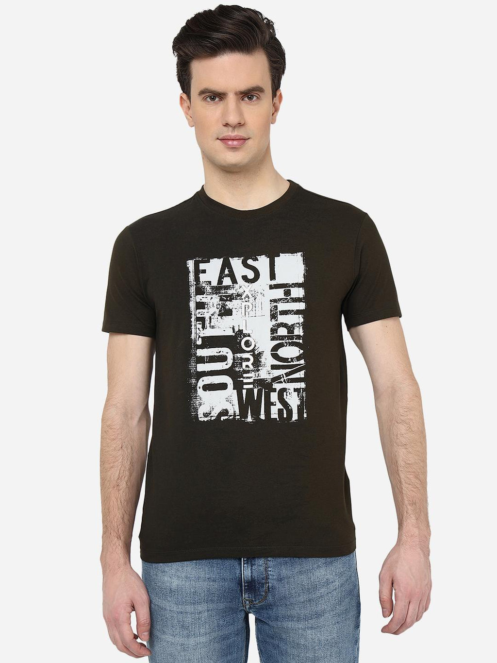 Olive Green Printed Slim Fit T-Shirt | pehervi